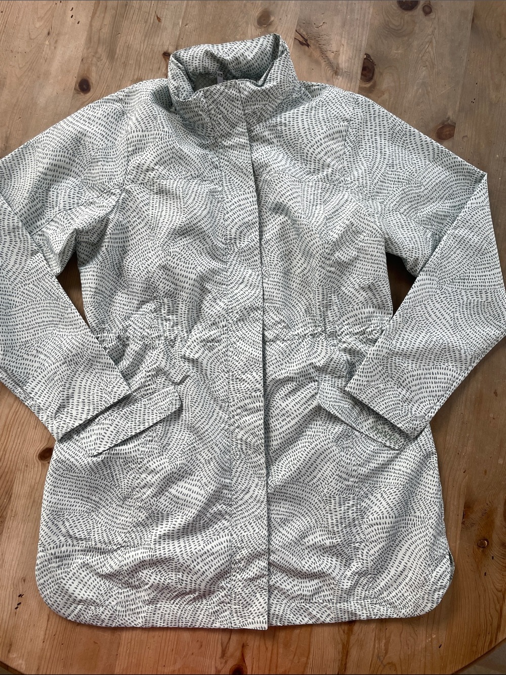 Orvis Raincoat Mint Green & Gray Cinched Waist Jacket Hidden Packable Hood